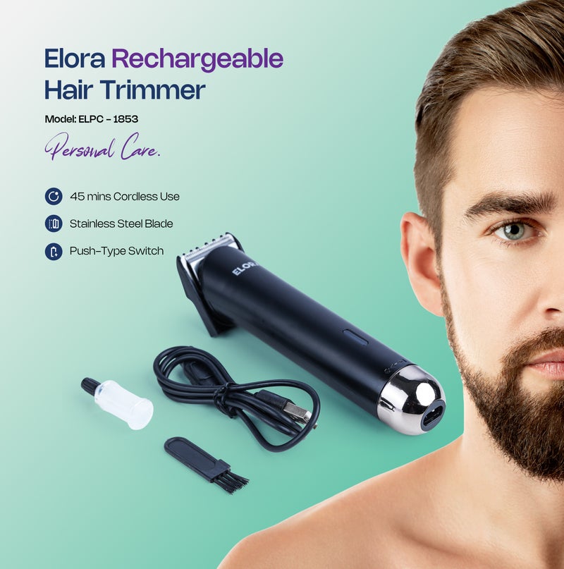 ELORA Professional Rechargeable Electric Hair Clipper for Men, Cordless Hair Trimmer with Stainless Steel Blade, ELPC-1853, Black - Image 1